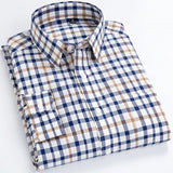 Men's Standard-Fit Long-Sleeve Micro-Check Shirts Patch Pocket Thin Soft 100% Cotton White/red Lines Checked Plaid Casual Shirt