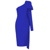 High Quality Blue Orange Runway Bownot One Shoulder Long Sleeve Rayon Bandage Dress Cocktail Party Bodycon Dress Vestidos