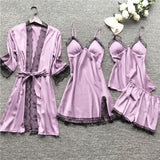 WENYUJH Women Pajamas Set Satin Sleepwear Silk 4 Pieces Nightwear Pyjama Spaghetti Strap Lace Sleep Lounge Pijama With Chest Pad