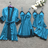 WENYUJH Women Pajamas Set Satin Sleepwear Silk 4 Pieces Nightwear Pyjama Spaghetti Strap Lace Sleep Lounge Pijama With Chest Pad