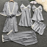 WENYUJH Women Pajamas Set Satin Sleepwear Silk 4 Pieces Nightwear Pyjama Spaghetti Strap Lace Sleep Lounge Pijama With Chest Pad