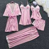 WENYUJH Women Pajamas Set Satin Sleepwear Silk 4 Pieces Nightwear Pyjama Spaghetti Strap Lace Sleep Lounge Pijama With Chest Pad