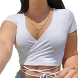 NUKTY  Summer Solid V Neck T Shirts Women Short Sleeve Short Tops Crop Tops Ladies Casual Tops Tees Female Shirts White Pink