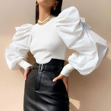 Retro Women Shirts Long Puff Sleeve Blouse Spring Autumn Fashion Female Blouses Black White Solid Tops Plus Size Clothing