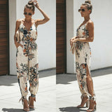 Summer Women Sleeveless Sling Loose Baggy Long Pants Floral Casual Trousers Overalls Pants Solid Romper Jumpsuit