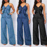 Nukty Summer Women's Denim Jumpsuit Sexy High Waist Wide Leg Long Pants Romper Front Tie Knotted Jeans V-neck Overalls