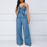 Nukty Summer Women's Denim Jumpsuit Sexy High Waist Wide Leg Long Pants Romper Front Tie Knotted Jeans V-neck Overalls