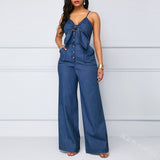 Nukty Summer Women's Denim Jumpsuit Sexy High Waist Wide Leg Long Pants Romper Front Tie Knotted Jeans V-neck Overalls