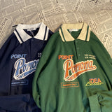 Vintage Polo Collar Oversized Hoodies Women Korean Trendy Autumn Letter Print Sweatshirt Loose Harajuku Top Long Sleeve