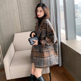 Fashion Plaid Wool Blend Coat Women Autumn Winter Warm Woolen Coats Korean Wool Jacket Coat Female Long Wool Blend Overcoat