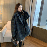 Fashion Plaid Wool Blend Coat Women Autumn Winter Warm Woolen Coats Korean Wool Jacket Coat Female Long Wool Blend Overcoat