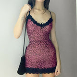 Animal Leopard Printed Mini Dress Summer Patchwork Lace Frill Sexy Bodycon Dress Women Y2K Sleeveless Strappy Dress