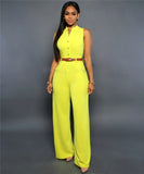 Formal Jumpsuit Wide Leg Pant Women Office Solid Color Sleeveless Belt Shirt Jumpsuit Basic V Neck Single Breasted Jumpsuit Work
