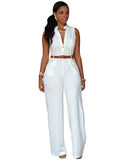 Formal Jumpsuit Wide Leg Pant Women Office Solid Color Sleeveless Belt Shirt Jumpsuit Basic V Neck Single Breasted Jumpsuit Work
