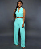 Formal Jumpsuit Wide Leg Pant Women Office Solid Color Sleeveless Belt Shirt Jumpsuit Basic V Neck Single Breasted Jumpsuit Work