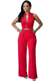 Formal Jumpsuit Wide Leg Pant Women Office Solid Color Sleeveless Belt Shirt Jumpsuit Basic V Neck Single Breasted Jumpsuit Work