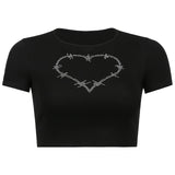 Punk Vintage Rhinestone Spider Graphic Black T-Shirts Mall Goth Y2K O-Neck Short Sleeve Crop Tops E-Girl Aesthetics Tees