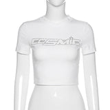 Punk Vintage Rhinestone Spider Graphic Black T-Shirts Mall Goth Y2K O-Neck Short Sleeve Crop Tops E-Girl Aesthetics Tees