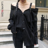 LANMREM New Fashion Personality Black Strap Vertical Stripe Off-shoulder Long Sleeve Shirt Female's Blouse Vestido