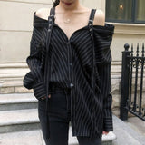 LANMREM New Fashion Personality Black Strap Vertical Stripe Off-shoulder Long Sleeve Shirt Female's Blouse Vestido