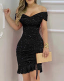 Women Sexy Shiny Off Shoulder Sleeveless Ruffles Ruched Nightclub Bodycon Dress Party Dresses