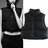 Nukty Winter Black Cropped Vest Coat Women Fashion Keep Warm Sleeveless High Collar Zip Up Wasitcoats Woman Casual Vest Top