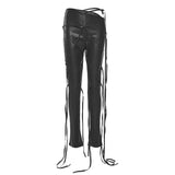 Sexy PU Leather 2 Pieces Set with All Over Strings Women Cut Out Sleeveless Crop Top and Strap Pants Night Club Wear Outfit Suit