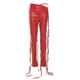Sexy PU Leather 2 Pieces Set with All Over Strings Women Cut Out Sleeveless Crop Top and Strap Pants Night Club Wear Outfit Suit