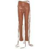 Sexy PU Leather 2 Pieces Set with All Over Strings Women Cut Out Sleeveless Crop Top and Strap Pants Night Club Wear Outfit Suit