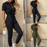Elegant Solid Jumpsuit Women Summer Deep V Neck Button Shirt Overalls Short Sleeve Office Lady One Piece Romper Belt