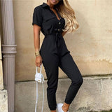 Elegant Solid Jumpsuit Women Summer Deep V Neck Button Shirt Overalls Short Sleeve Office Lady One Piece Romper Belt