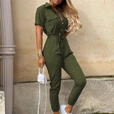 Elegant Solid Jumpsuit Women Summer Deep V Neck Button Shirt Overalls Short Sleeve Office Lady One Piece Romper Belt