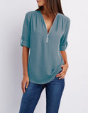 Zipper Short Sleeve Women Shirts Sexy V Neck Solid Womens Tops And Blouses Casual Tee Shirts Tops Female Clothes Plus Size