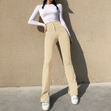 Y2K Vintage Brown Flare Pants High Waist Slim Fit Long Trousers 90s Aesthetics Indie Zip Up Skinny Slit Pants Sexy Women Clothes