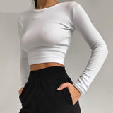 Nukty Irene O Neck Long Sleeve Shirt Women Ribbed Sexy Cropped Tops Spring Black Casual Skinny Slim Basic Woman T Shirts White