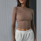 Nukty Irene O Neck Long Sleeve Shirt Women Ribbed Sexy Cropped Tops Spring Black Casual Skinny Slim Basic Woman T Shirts White