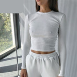 Nukty Irene O Neck Long Sleeve Shirt Women Ribbed Sexy Cropped Tops Spring Black Casual Skinny Slim Basic Woman T Shirts White