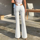 Elegant Cotton Knitted Flared Pants Women Sexy White Black Hollow Out High Waist Long Trousers Ladies Casual Pantalon Hiver