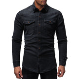 TANG Black Denim Shirt Men Casual Fit Slim Long Sleeve Shirts Autumn Cotton Jeans Dress Shirt Mens Clothing Plue Size