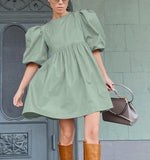 Nukty Green Vintage Puff Sleeve Women Dress Elegant High Waist  A-Line Dresses O Neck Sexy Summer Short Dress Vestido