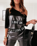 Spring Autumn Women's  Letter Print Suit Set Femme Casual Long Sleeve One Shoulder Top & PU Leather Pants Set Ladies Outfit