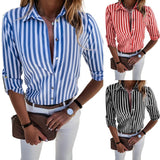 Women Fashion Long Sleeve Turn Down Collar Vertical Stripes Office Blouse shirts for women