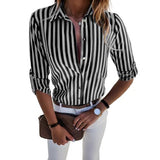 Women Fashion Long Sleeve Turn Down Collar Vertical Stripes Office Blouse shirts for women