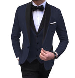 Blue Slit Mens Suits 3 Piece Black Shawl Lapel Casual Tuxedos for Wedding Groomsmen Suits Men (Blazer+Vest+Pant)