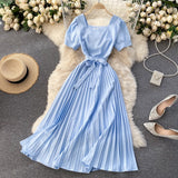 Vintage French Short Sleeve Women Dress Square Collar High Waist Belt Pleated Dresses Female Elegant Clothes Summer Coisini
