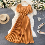 Vintage French Short Sleeve Women Dress Square Collar High Waist Belt Pleated Dresses Female Elegant Clothes Summer Coisini