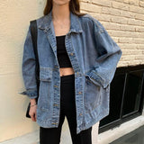 Women's Denim Jacket Korean Style Solid Lapel Long Sleeve Casual Blue Jacket Outwear Autumn Winter Loose Jeans Coats Female
