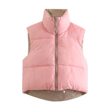 Stylish Sweet Pink Double Wear Drawstring Cropped Vest Coat Women Fashion Stand Collar Zipper Waistcoat