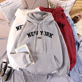 Female Thicken Warm Hoodies Lady Autumn Tops NEW Sweatshirts Velvet Winter Women's NEW YORK Printing Hooded Hoodies