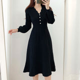 One Piece Korean Pleated Dress New Spring Long Sleeve Slim Woman Sweater Dresses Knitted Vintage Elegant Midi Party Dress
